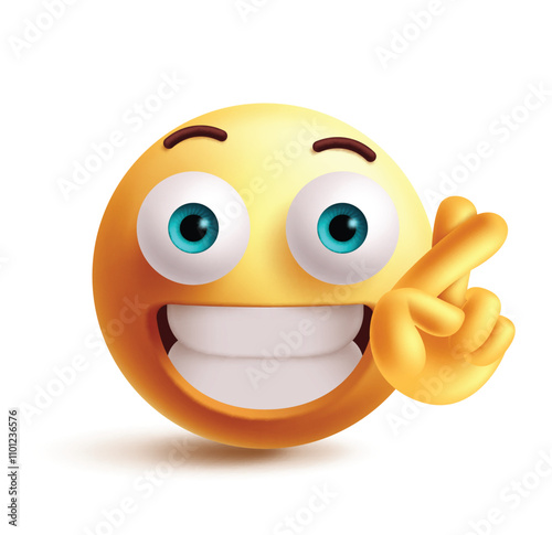 Emoji crossed finger clipart 3d character. Crossed finger emoji hand gesture in happy face, good luck sign, optimistic and wish graphic elements. Vector illustration happy emoticon clip art. 
