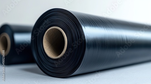 isolated on white a roll of black plastic polyethylene sheetin