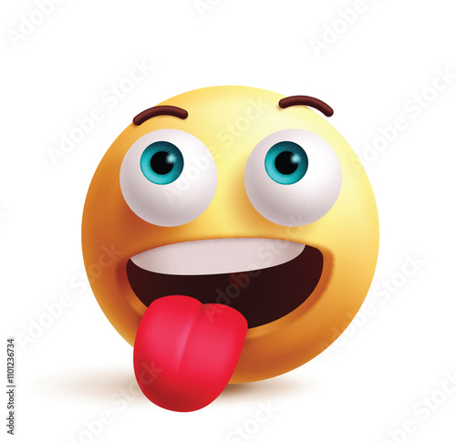 Crazy emoji 3d clipart character. Naughty emoji face, goofy, silly, playful, enjoy, fun, teasing facial expression yellow round graphic element. Vector illustration crazy emoticon clip art. 
