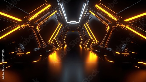 Abstract futuristic neon tunnel with orange and white glowing lights.