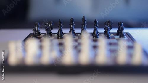 Wallpaper Mural Slow motion video of chess game and board. Two rows of black and white figures of chess game at the beginning. Blue and white modern lighting. Torontodigital.ca