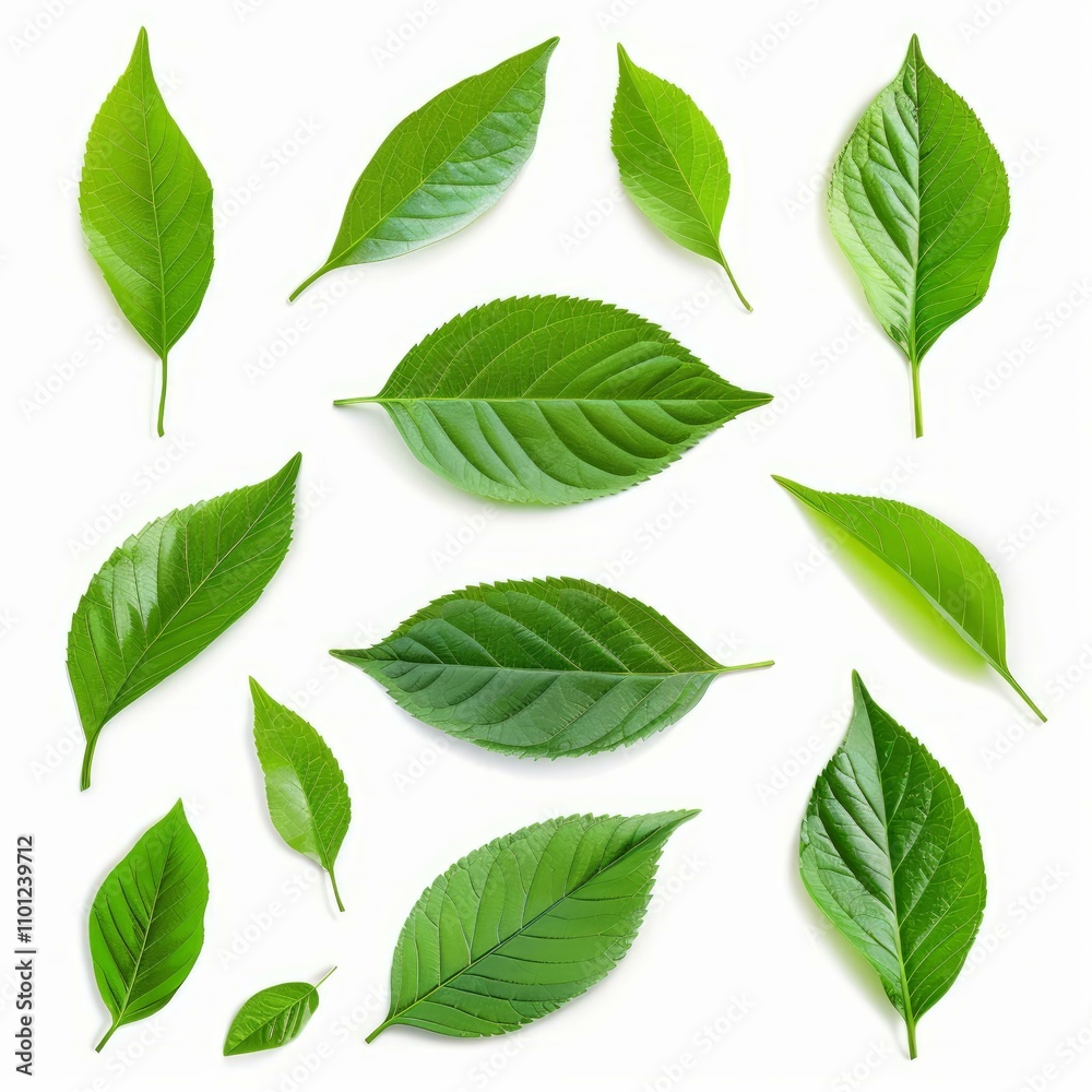 Fototapeta premium Set of beautiful green leaves creating a repetitive pattern on a white background