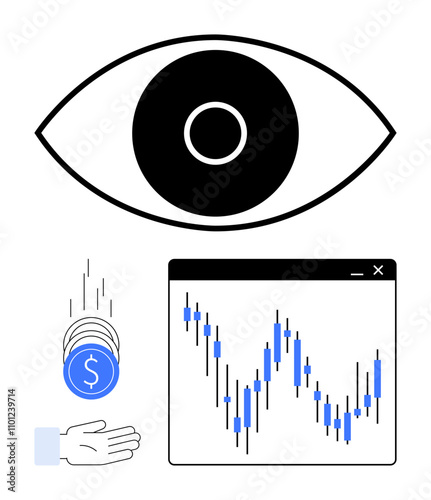 Eye overseeing financial chart with candlestick graph, falling dollar coins towards open hand indicating investments. Ideal for finance, trading, investment, stock market, economy, wealth management