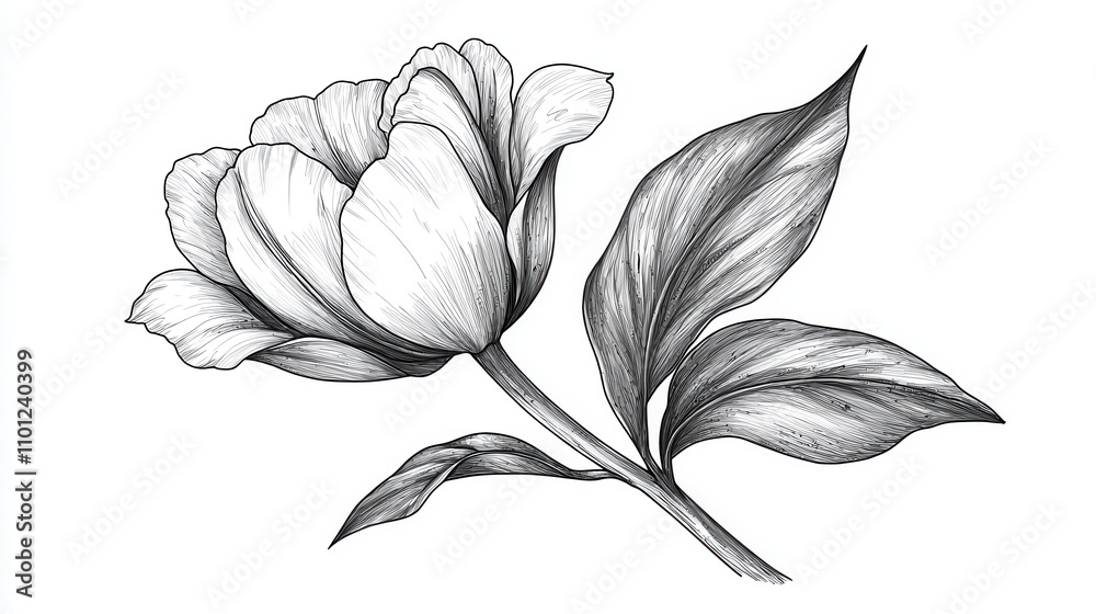 Fototapeta premium detailed sketch of tulip flower with elegant petals and leaves, showcasing fine lines and intricate details. This artwork captures beauty of nature in minimalist style