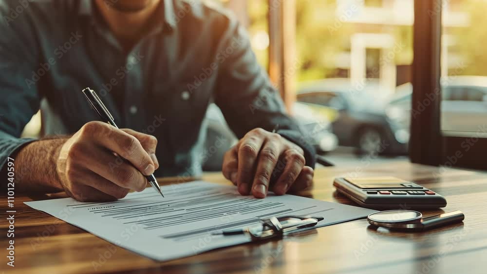 Man finalizing a lease agreement by signing the contract, with car keys, warranty forms, and a pen neatly placed on the table in a small dealership office. Man finalizing a lease agreement by signing the contract, with car keys, warranty forms, and a pen neatly placed on the table in a small dealership office.