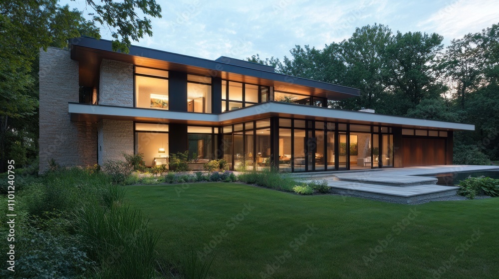 Modern Stone And Wood House Illuminated At Dusk Modern Stone And Wood House Illuminated At Dusk