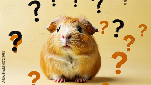 Fluffy guinea pig looking utterly confused with question marks circling its head, isolated on a light yellow background, unsure of what it is supposed to do next.