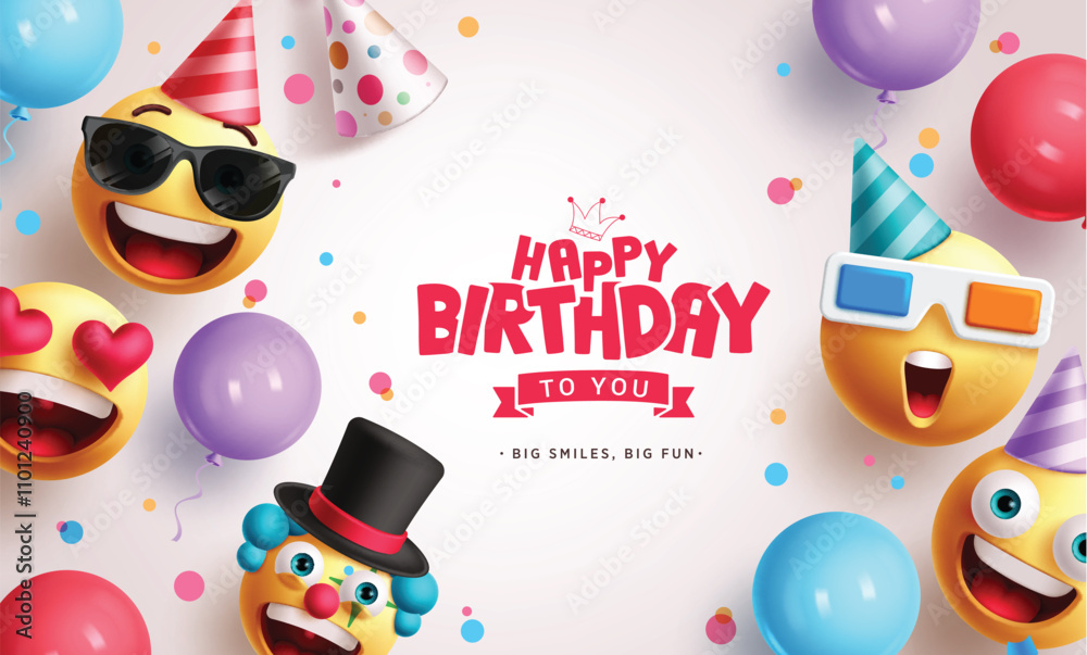 Naklejka premium Emojis happy birthday clipart background. Happy birthday greeting text with funny and smiling emoji face characters for wishes party design. Vector illustration emoticons invitation card clip art. 