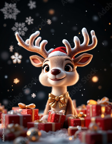 Adorable Christmas Reindeer Surrounded by Presents in a Winter Wonderland Setting photo