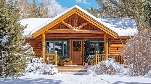 Cozy Rustic Log Cabin in Snowy Winter Wonderland Landscape photo