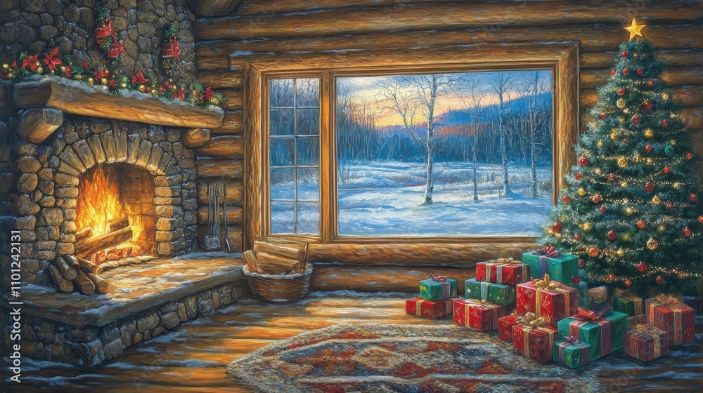 Obraz premium Cozy Winter Cabin Scene with Fireplace, Christmas Tree, and Snowy Landscape