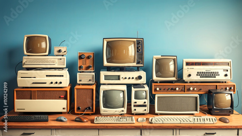 A Glimpse into the Past: A Vintage Tech Showcase - A nostalgic journey through the history of technology, showcasing a collection of vintage computers and televisions. 1 photo