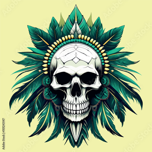 indian skull illustration, sticker, mascot, painting, for t-shirt