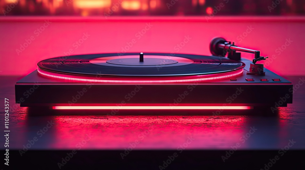 Obraz premium loop animation of record player with dark neon light effect rendering