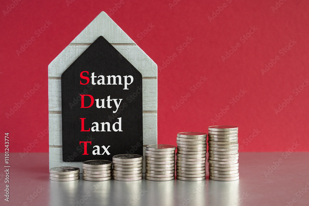 SDLT-Stamp Duty Land Tax symbol. Concept words SDLT- Stamp Duty Land Tax written on a black board. Silver coins arranged in a graph in front. Beautiful red background, grey table. Property concept.
