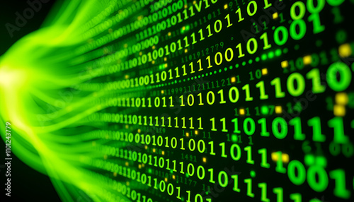 Vibrant green binary data stream in motion.
