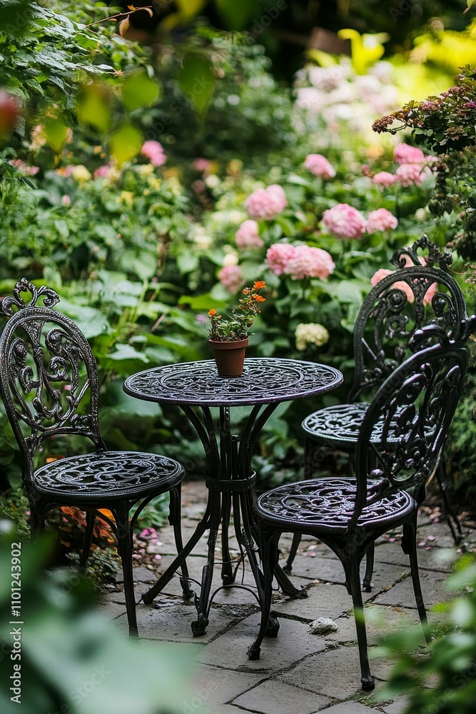 Fototapeta premium Ornate metal table, chairs, garden setting.