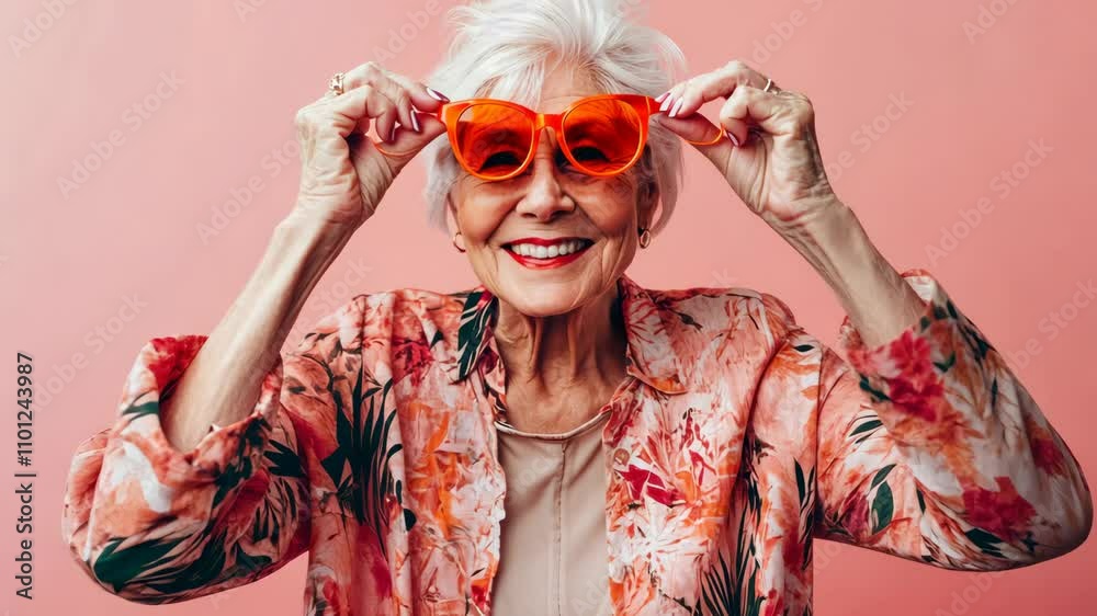 Grandmother dressed in stylish clothes, enjoying herself against a soft peach background, portraying her youthful energy and fun personality. Grandmother dressed in stylish clothes, enjoying herself against a soft peach background, portraying her youthful energy and fun personality.