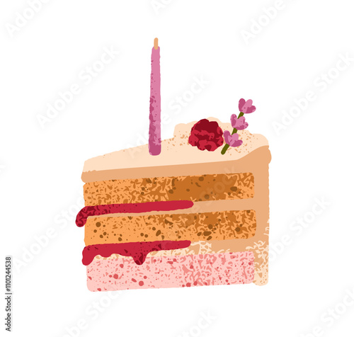 Birthday cake slice with candle. Sweet holiday dessert, cut piece with sponge layers, cream and berry jam. Delicious confectionery treat. Flat vector illustration isolated on white background