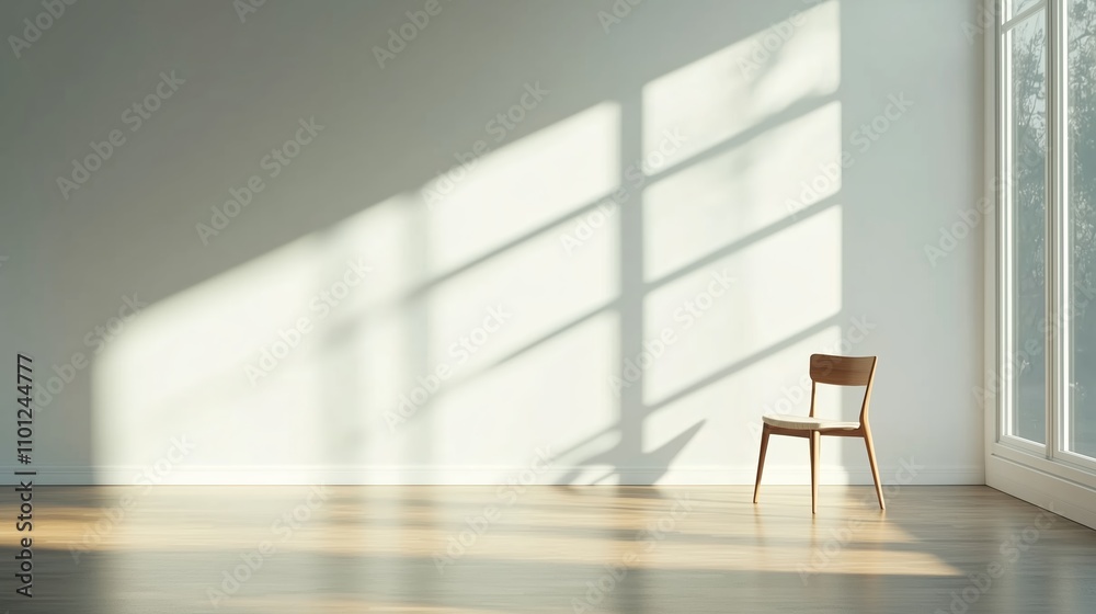 Fototapeta premium Sunlight casts shadows on a wooden chair in a minimalist room with large windows showcasing nature