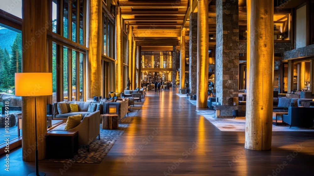 Fototapeta premium Luxurious Wooden Lodge Interior with Cozy Lounge Area