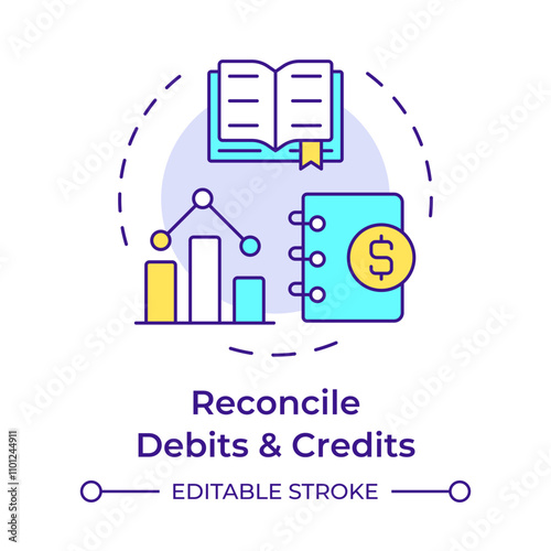 Reconcile debits and credits multi color concept icon. Accounting ledger, documentation. Round shape line illustration. Abstract idea. Graphic design. Easy to use in infographic, presentation