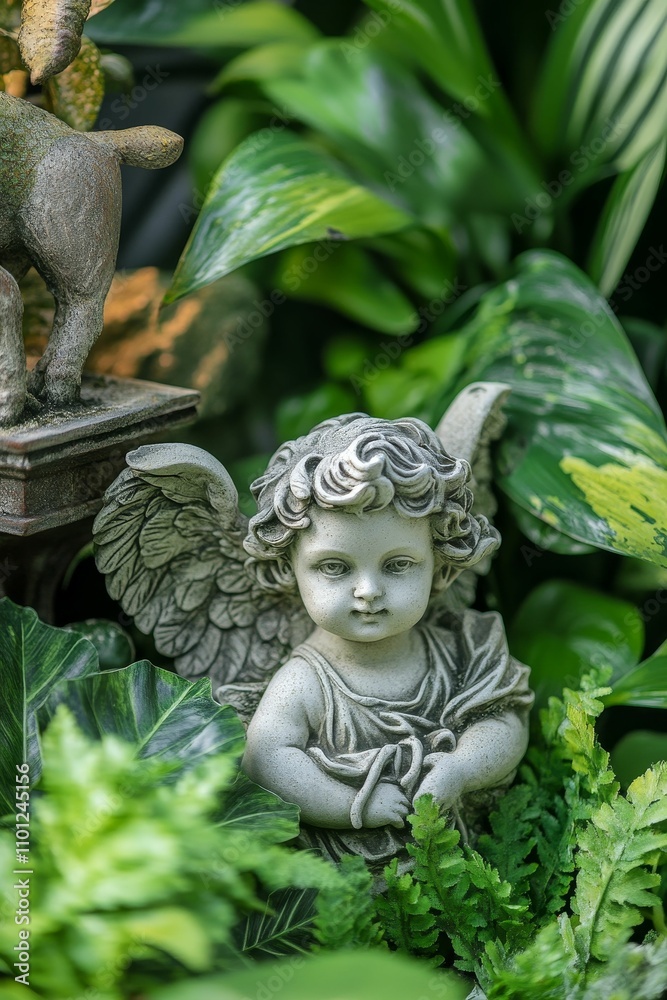Fototapeta premium Stone cherub statue nestled in lush greenery.