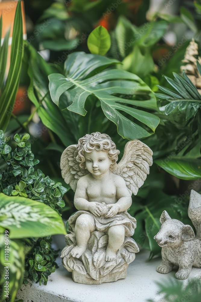 Fototapeta premium Stone cherub statue nestled in lush foliage.