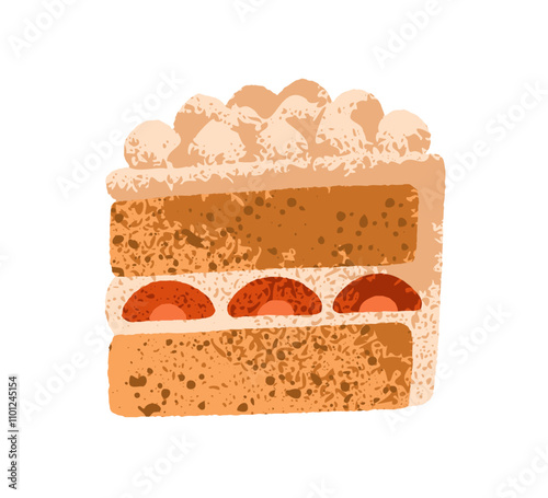 Cake slice with vanilla sponge, whipped cream and strawberries layers. Sweet ...