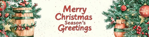 Country Christmas scene with bright green decorations, barn red elements, and taupe backgrounds, accented by warm copper and rose gold tones. Include 
