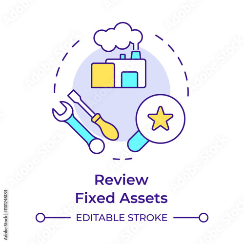 Review fixed assets multi color concept icon. Production maintenance, manufacturing. Round shape line illustration. Abstract idea. Graphic design. Easy to use in infographic, presentation