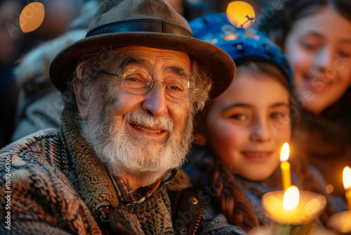 Elderly man wearing a hat, joyfully smiling, with family in the background, illuminated by candlelight. photo