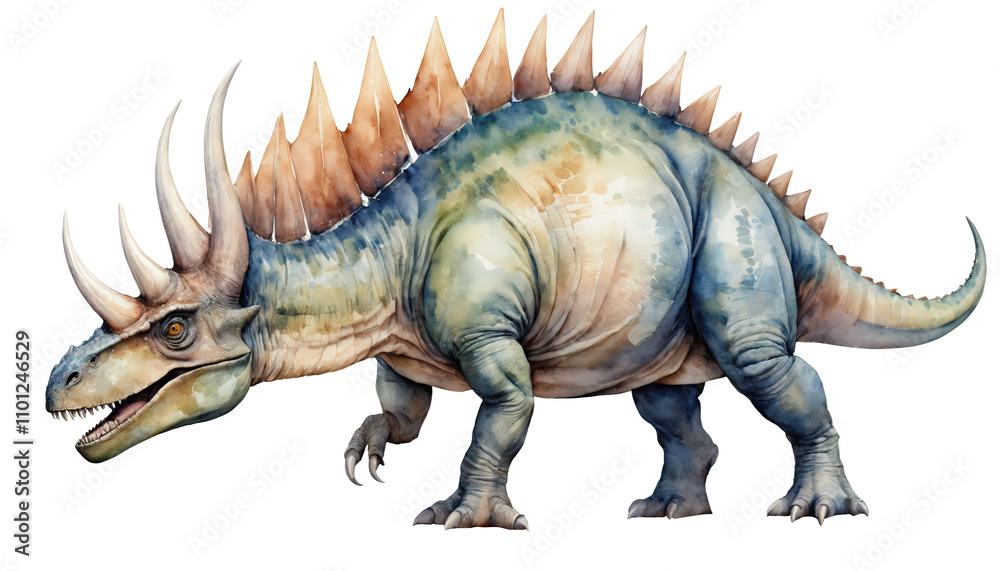 Fototapeta premium Watercolor painting of a dinosaur from the Cretaceous era isolated on transparent background.