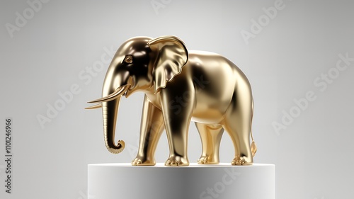 A Majestic Golden Elephant Sculpture on a White Pedestal: A Symbol of Strength, Wisdom, and Prosperity