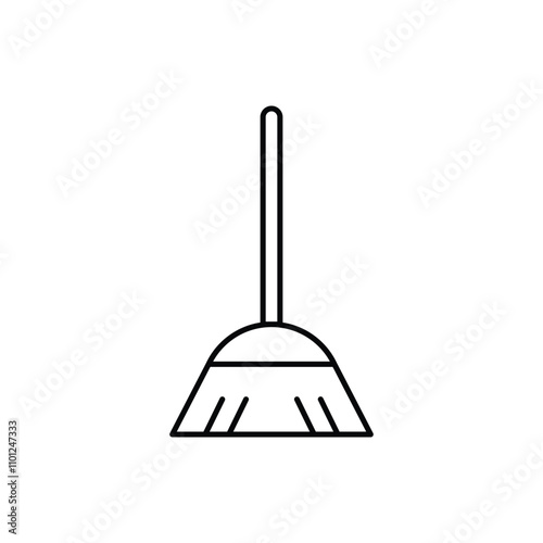 Thin Outline Icon Broom, Besom or Short Brush of Bound Straw Near a Pile of Garbage. Such Line sign as Cleaning Garbage, Cleanup, Sweeping. Vector Computer Pictograms White Background Editable Stroke.