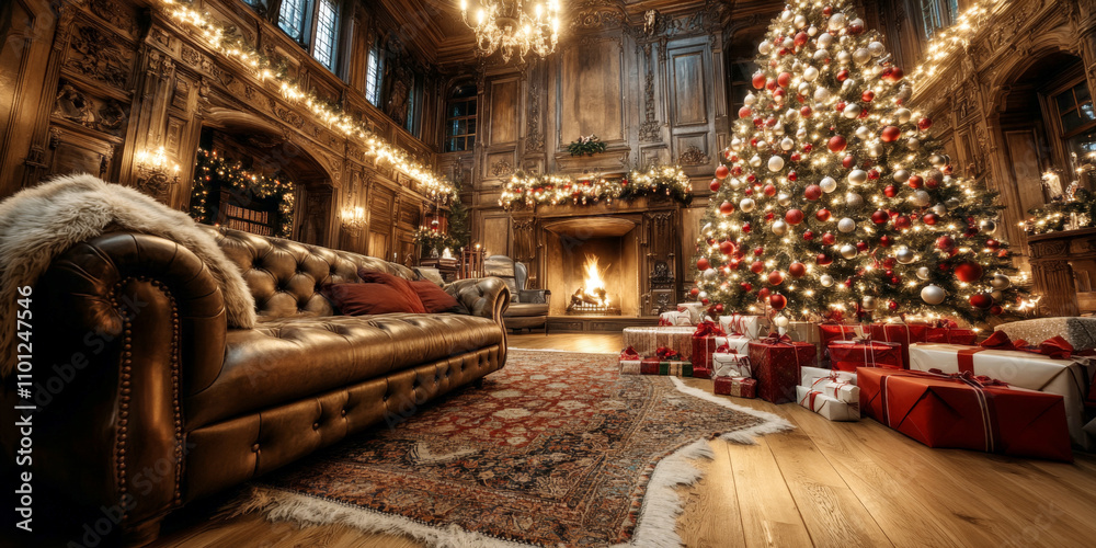 Fototapeta premium The classic Christmas tree with red and silver ornaments standing in a cozy living room