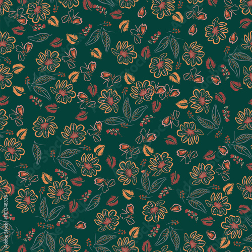 Trendy Floral pattern in the many kind of flowers. Tropical botanical Motifs scattered random. Seamless vector texture. Printing with in hand drawn style on dark background
