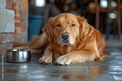 Golden Retriever dog lying down on tiled floor, next to its food bowl. photo