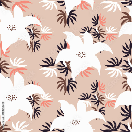 Trendy Floral pattern in the many kind of flowers. Tropical botanical Motifs scattered random. Seamless vector texture. Printing with in hand drawn style on dark background