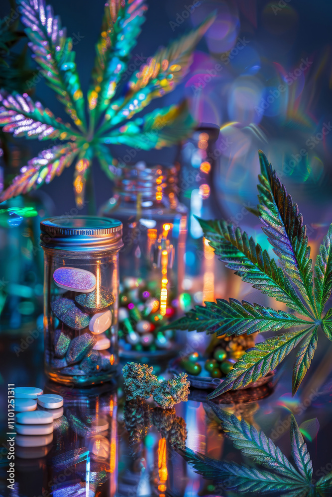 Fototapeta premium Vibrant cannabis leaves with various CBD products. Medical research, recreational use, Pharmaceutical applications of cannabinoids, CBD, THC, pharmacy, modern health concept.