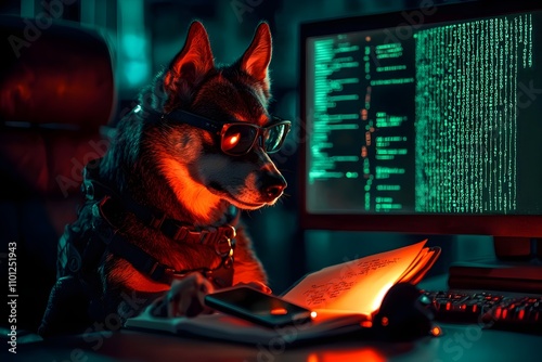 A dog is sitting in front of a computer monitor with a book in front of it