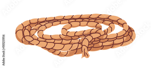 Rope coiled. Strong cord, rough lasso tool. Twine, survival and nautical string. Rustic braided binding supply. Thick sturdy accessory. Flat graphic vector illustration isolated on white background