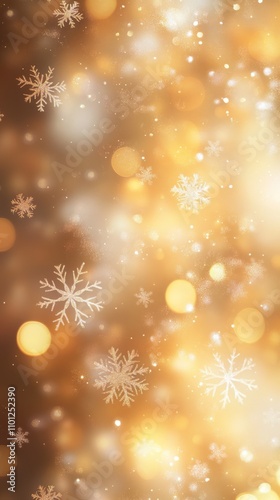 Immerse in winters magic with a golden festive backdrop, intricate snowflakes, and soft bokeh effects that create an uplifting, warm atmosphere, perfect for joyful holiday celebrations