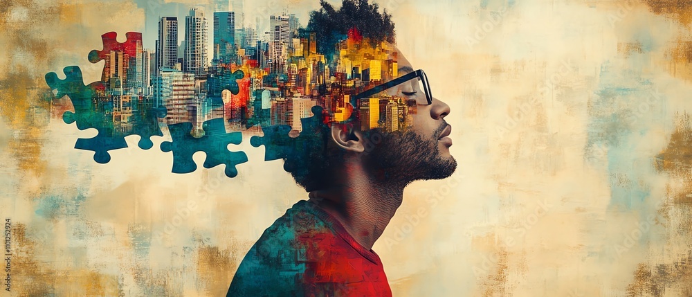 Fototapeta premium Profile of a man with puzzle pieces and an evolving cityscape emerging from his head, symbolizing creativity, progress, and urban transformation