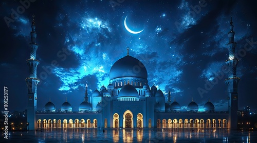 mosques dome on dark blue twilight sky and crescent moon on background symbol islamic religion ramadan and free space for text arabic eid al adha eid al fitr mubarak islamic new year muharra photo