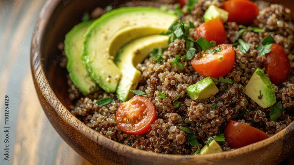 A vibrant quinoa salad featuring slices of ripe avocado and cherry tomatoes, garnished with fresh herbs and neatly presented in a wooden bowl. A vibrant quinoa salad featuring slices of ripe avocado and cherry tomatoes, garnished with fresh herbs and neatly presented in a wooden bowl.