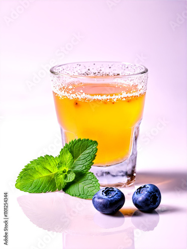 Icelandic Brennivin in shot glass accompanied by few fresh blueberries and sprig of green mint photo