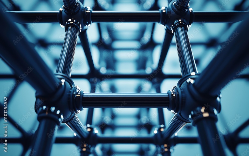 Fototapeta premium The image features a close-up view of a geometric structure made of interconnected pipes, showcasing a blue-toned, modern design.