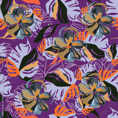 Trendy Floral pattern in the many kind of flowers. Tropical botanical Motifs scattered random. Seamless vector texture. Printing with in hand drawn style on dark background
