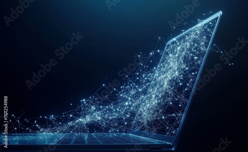 Wireframe light structure composed of connected dots, lines, and triangles. A low poly laptop in a technological blue hue against a dark backdrop. Abstract rendering of digital opened mobile photo